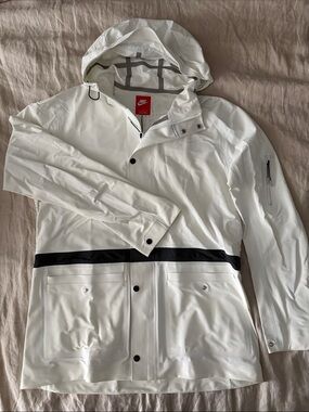 Nike White Hooded Raincoat with Black Waist Stripe